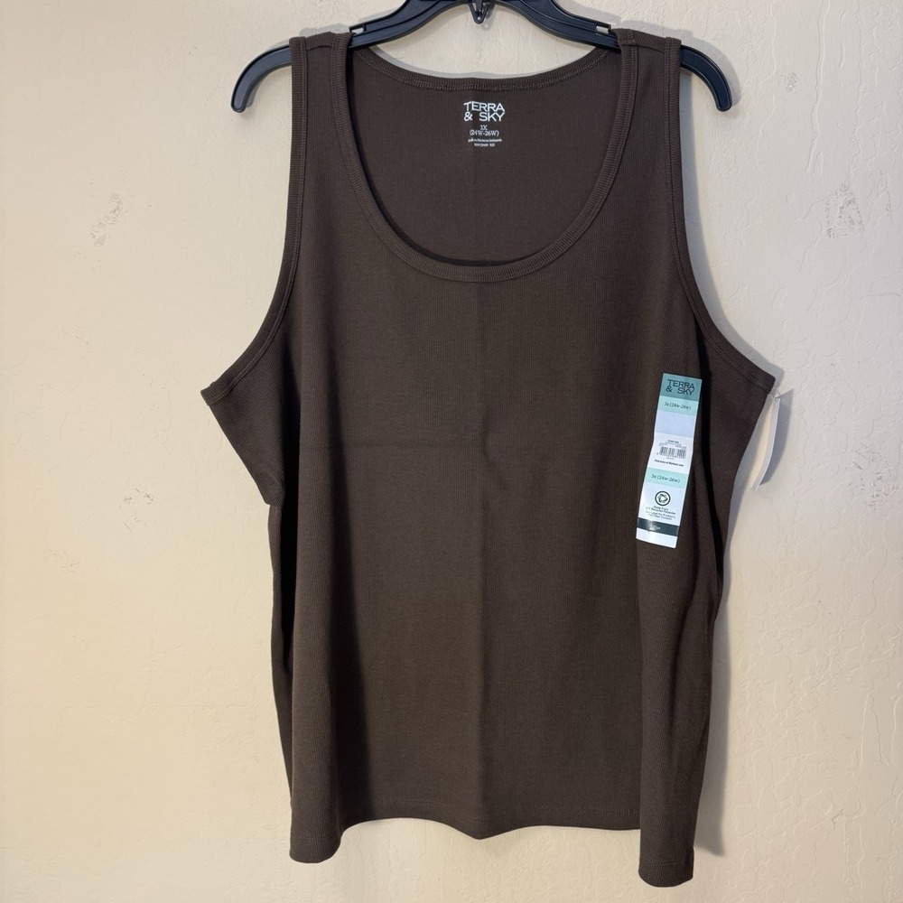 Terra & Sky Tank Top Women 3X(24W-26W) Brown Ribbed Stretch Sleeveless Shirt NEW